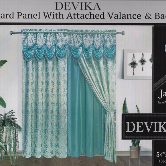 Teal Curtains Jacquard Panel with Backing Attached Waterfall Valance with Tassel - Picture 2 of 2